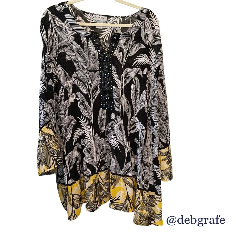 Catherines 5X Women's Black and Yellow angel sleeve Tunic Blouse P2P:37” L:34” - Picture 2 of 10